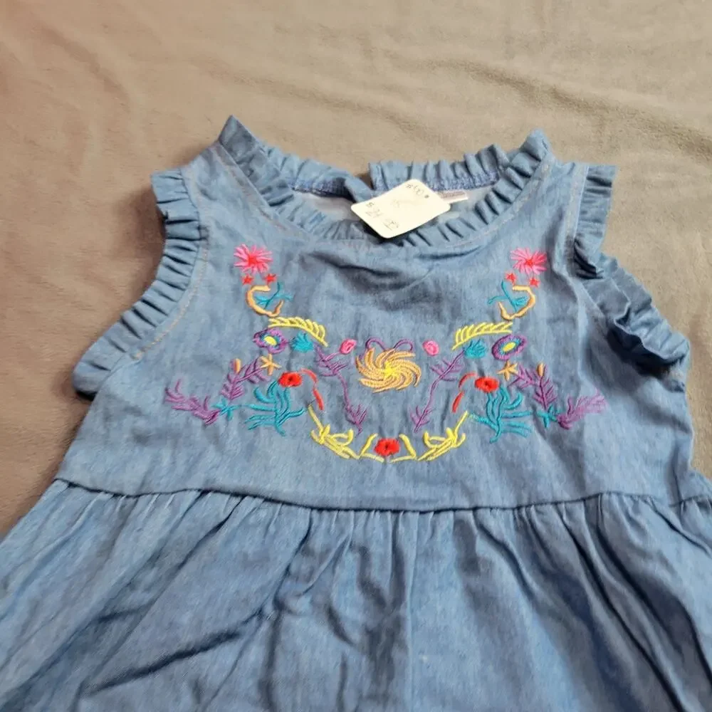 Boutique‎ Dress Girls Blue Pink Embroidered Flowers Chambray Size 18-24 Used